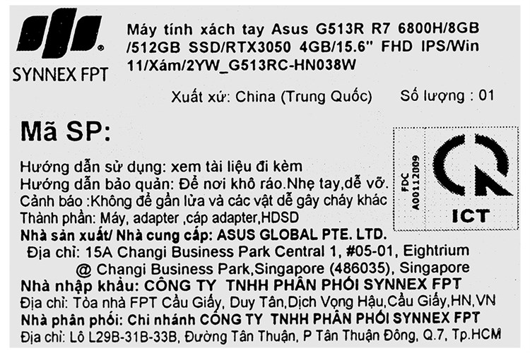 Laptop Asus Gaming ROG Strix G15 G513RC R7 6800H/8GB/512GB/4GB RTX3050/144Hz/Win11 (HN038W) Màu Xám