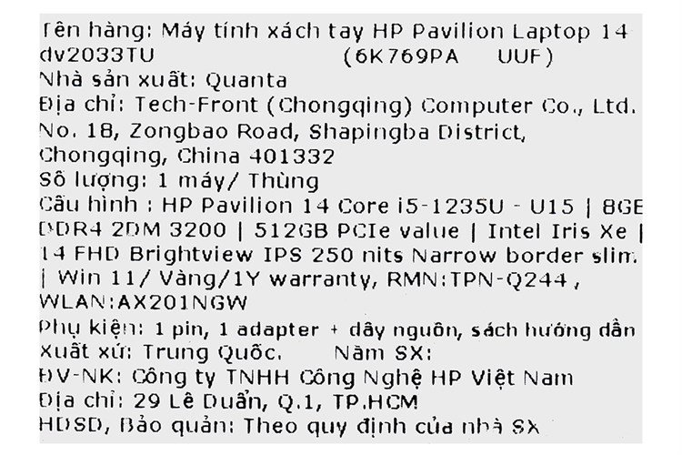 Laptop HP Pavilion 14 dv2033TU i5 1235U/8GB/512GB/Win11 (6K769PA) Màu Vàng