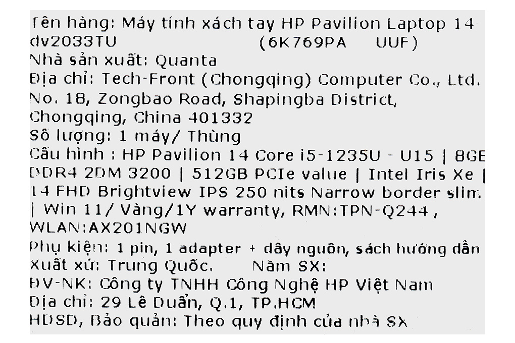 Laptop HP Pavilion 14 dv2033TU i5 1235U/8GB/512GB/Win11 (6K769PA) Màu Vàng