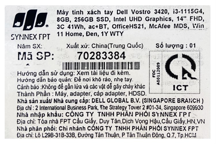 Laptop Dell Vostro 3420 i3 1115G4/8GB/256GB/OfficeHS/Win11 (70283384) Màu Đen