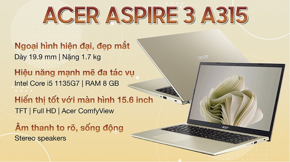 Laptop Acer Aspire 3 A315 58 52KT i5 - Trả góp Với Acer Aspire 3 A315 58 52KT i5, việc làm việc và giải trí sẽ trở nên dễ dàng hơn bao giờ hết. Chỉ cần trả trước một khoản nhỏ, bạn có thể sở hữu chiếc laptop tuyệt vời này và trả góp trong thời gian dài. Đừng bỏ lỡ cơ hội sở hữu ngay chiếc máy tính xách tay tuyệt vời này!