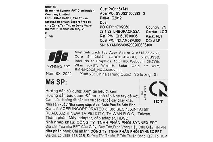 Laptop Acer Aspire 3 A315 58 52KT i5 1135G7/8GB/512GB/Win11 (NX.AM0SV.006) Màu Vàng