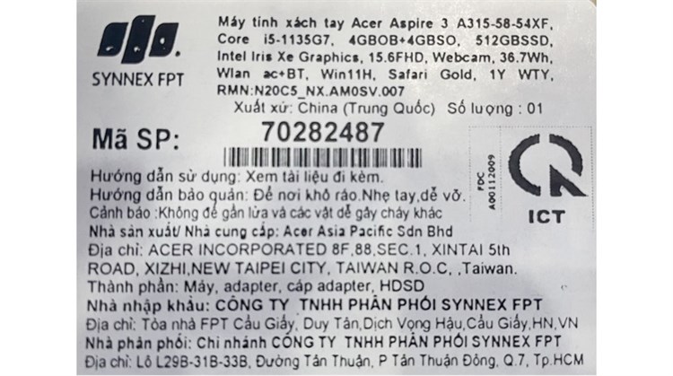 Laptop Acer Aspire 3 A315 58 54XF i5 1135G7/8GB/512GB/Win11 (NX.AM0SV.007) Màu Vàng