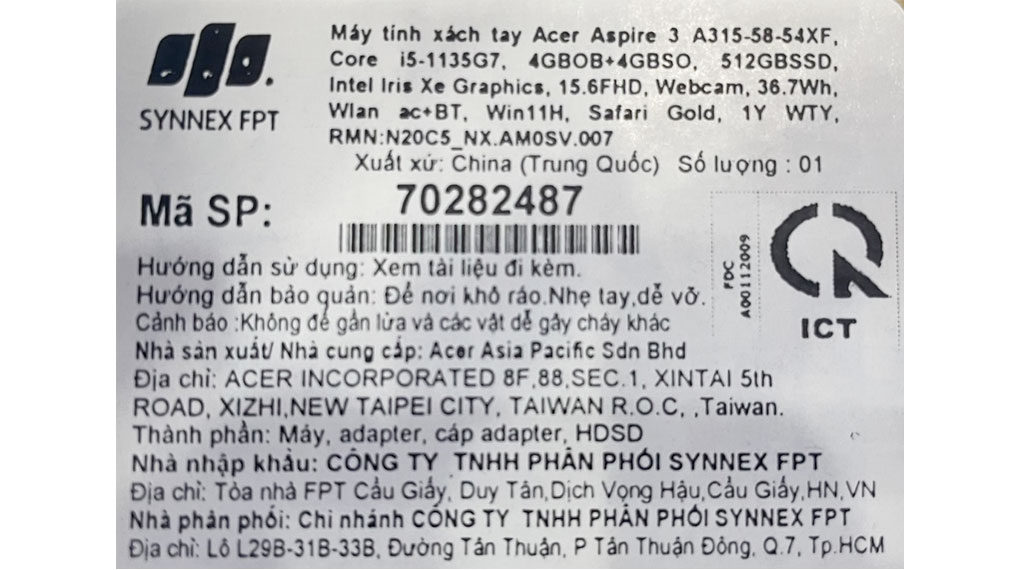 Laptop Acer Aspire 3 A315 58 54XF i5 1135G7/8GB/512GB/Win11 (NX.AM0SV.007) Màu Vàng