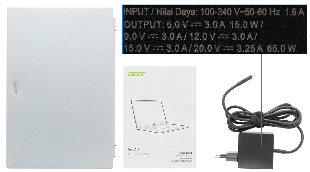 Bộ sản phẩm gồm: Sách hướng dẫn, Thùng máy, Sạc Laptop Acer