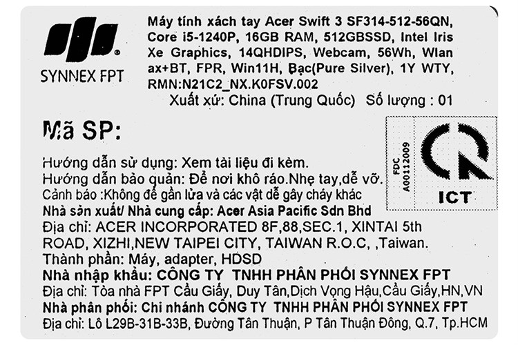 Laptop Acer Swift 3 SF314 512 56QN i5 1240P/16GB/512GB/Win11 (NX.K0FSV.002) Màu Bạc