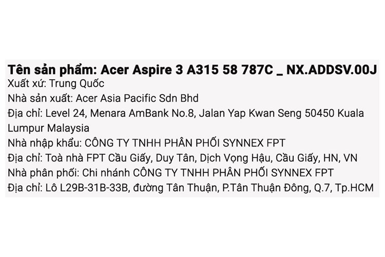 Laptop Acer Aspire 3 A315 58 787C i7 1165G7/8GB/512GB/Win11 (NX.ADDSV.00J) Màu Bạc