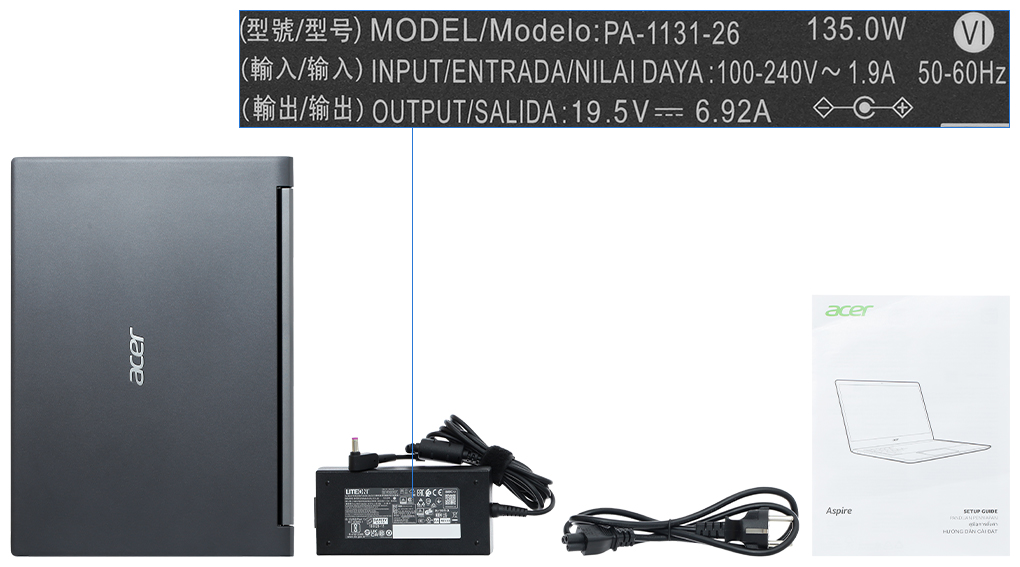 Bộ sản phẩm gồm: Sách hướng dẫn, Thùng máy, Sạc Laptop Acer