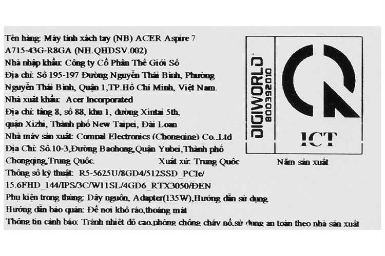 Laptop Acer Gaming Aspire 7 A715 43G R8GA R5 5625U/8GB/512GB/4GB RTX3050/144Hz/Win11 (NH.QHDSV.002) Màu Đen