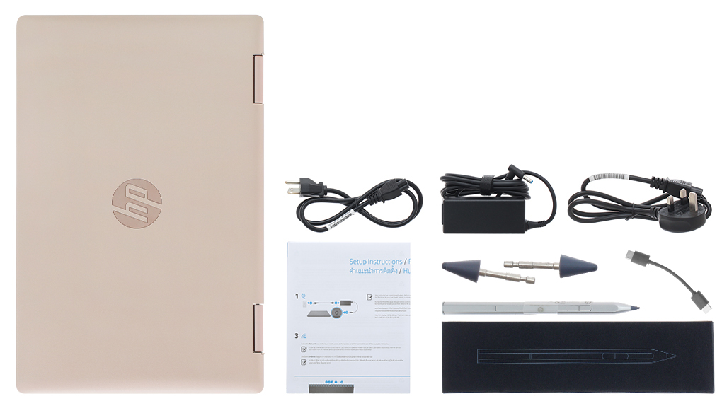 Bộ sản phẩm gồm: Sách hướng dẫn, Thùng máy, Sạc Laptop HP, Cáp ( Type-C ), Bút cảm ứng