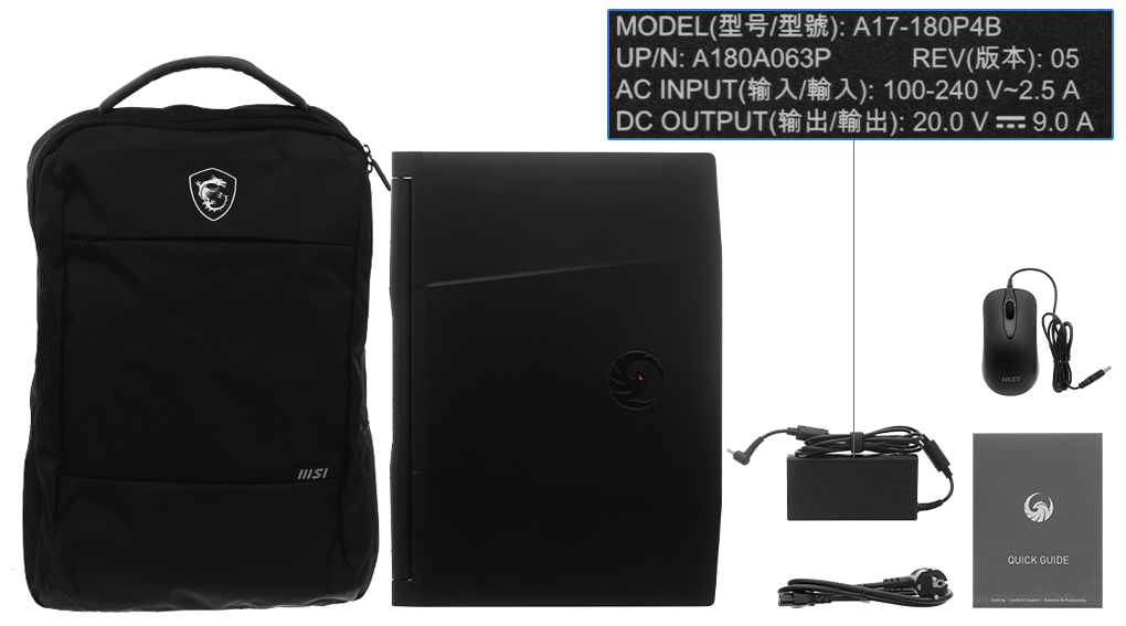 Bộ sản phẩm gồm: Thùng máy, Sạc Laptop MSI, Chuột, Balo, Sách hướng dẫn