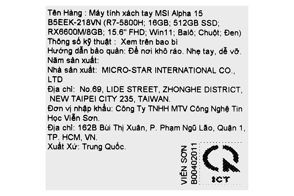 Laptop MSI Gaming Alpha 15 B5EEK R7 5800H/16GB/512GB/8GB RX6600M/144Hz/Balo/Chuột/Win11 (218VN) Màu Đen