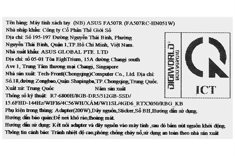 Laptop Asus TUF Gaming A15 FA507RC R7 6800H/8GB/512GB/4GB RTX3050/144Hz/Win11 (HN051W) Màu Xám