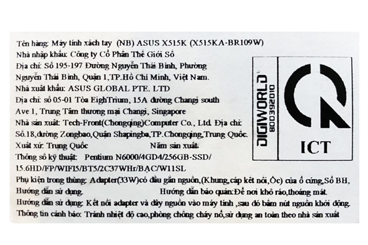 Laptop Asus VivoBook X515KA N6000/4GB/256GB/Win11 (BR109W) Màu Bạc