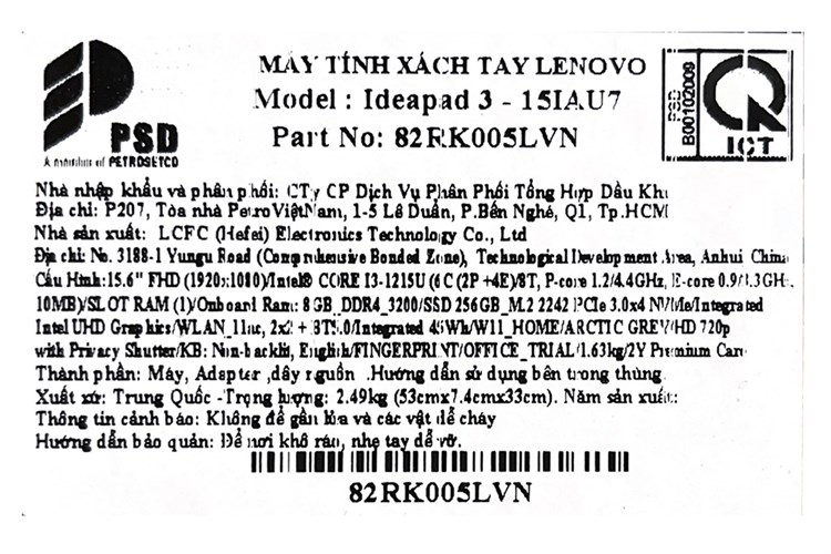 Laptop Lenovo Ideapad 3 15IAU7 i3 1215U/8GB/256GB/Win11 (82RK005LVN) Màu Xám