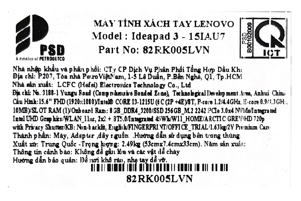 Laptop Lenovo Ideapad 3 15IAU7 i3 1215U/8GB/256GB/Win11 (82RK005LVN) Màu Xám