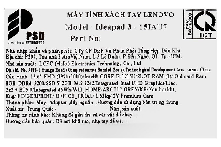 Laptop Lenovo Ideapad 3 15IAU7 i3 1215U/8GB/512GB/Win11 (82RK001MVN) Màu Xám