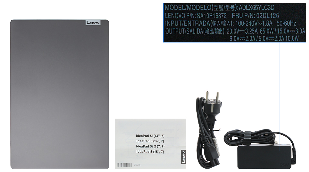 Bộ sản phẩm gồm: Sách hướng dẫn, Thùng máy, Sạc Laptop Lenovo ( 65W USB-C )
