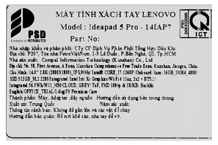 Laptop Lenovo Ideapad 5 Pro 14IAP7 i7 1260P/16GB/512GB/Win11(82SH002SVN) Màu Xám