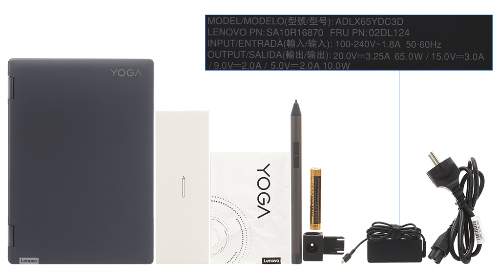 Bộ sản phẩm gồm: Sách hướng dẫn, Bút cảm ứng ( Pin AAAA ), Thùng máy, Sạc Laptop Lenovo ( 65W USB-C )