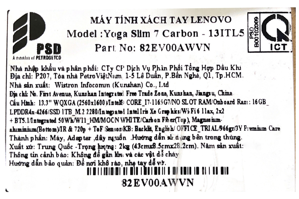 Laptop Lenovo Yoga Slim 7 Carbon 13ITL5 i7 1165G7/16GB/1TB/Win11 (82EV00AWVN) Màu Trắng