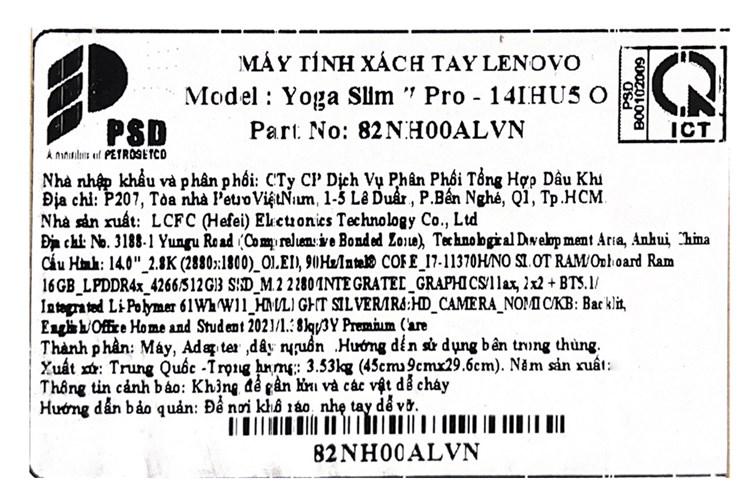 Laptop Lenovo Yoga Slim 7 Pro 14IHU5 i7 11370H/16GB/512GB/OfficeHS/Win11 (82NH00ALVN) Màu Bạc