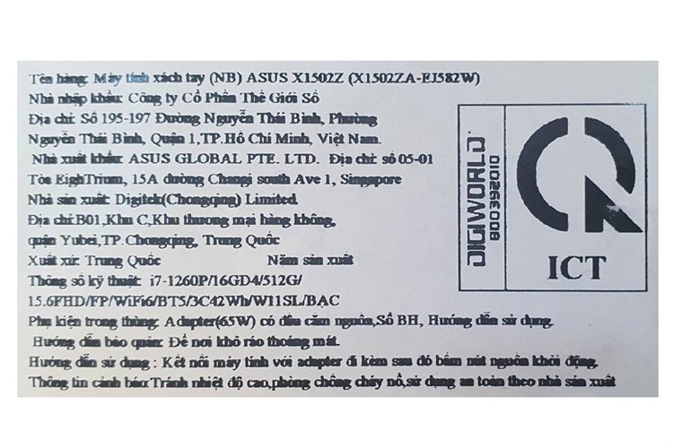 Laptop Asus Vivobook 15 X1502ZA i7 1260P/16GB/512GB/Win11 (EJ582W) Màu Bạc