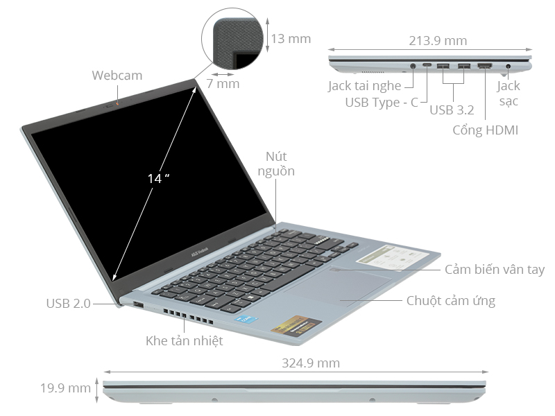 Laptop Asus Vivobook 14 X1402ZA i3 1220P/4GB/512GB/Win11 (EK249W)