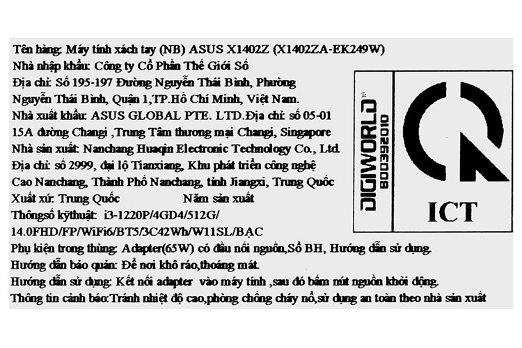 Laptop Asus Vivobook 14 X1402ZA i3 1220P/4GB/512GB/Win11 (EK249W) Màu Bạc