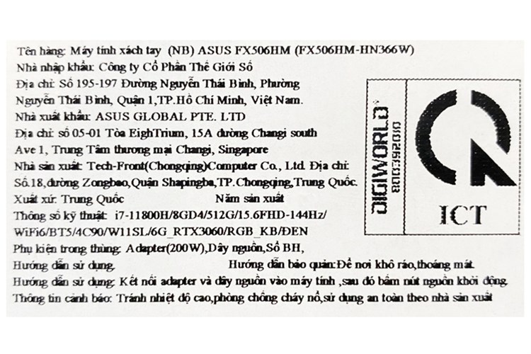 Laptop Asus TUF Gaming F15 FX506HM i7 11800H/8GB/512GB/6GB RTX3060/144Hz/Win11 (HN366W) Màu Đen