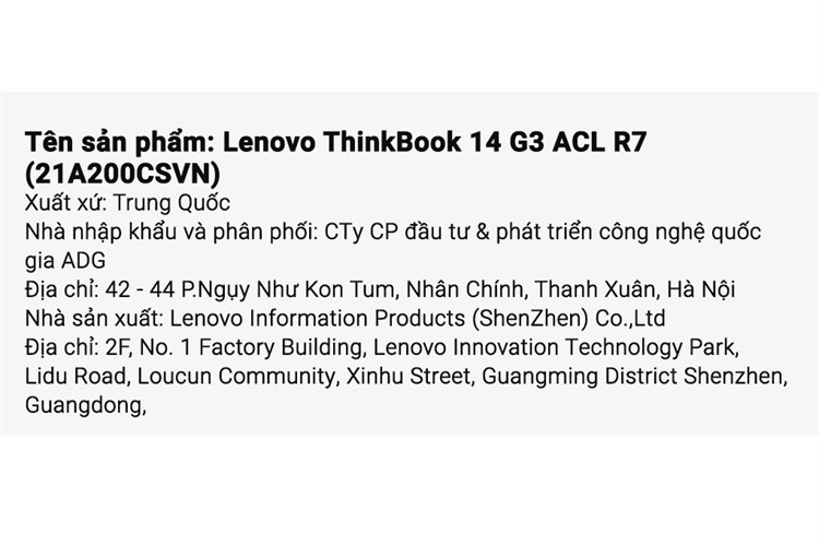 Laptop Lenovo ThinkBook 14 G3 ACL R7 5700U/8GB/512GB/Win11 (21A200CSVN) Màu Xám