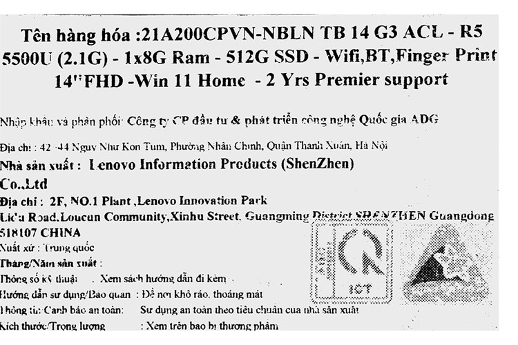 Laptop Lenovo ThinkBook 14 G3 ACL R5 5500U/8GB/512GB/Win11 (21A200CPVN) Màu Xám