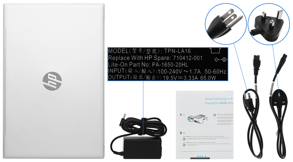 Bộ sản phẩm gồm: Thùng máy, Sạc Laptop HP, Sách hướng dẫn