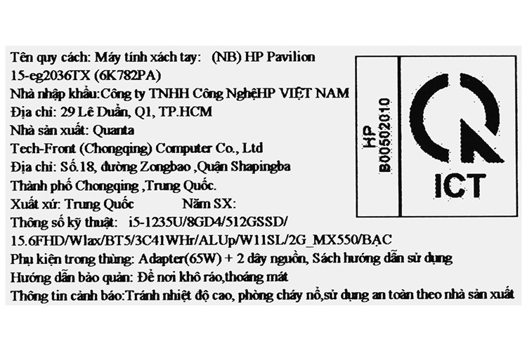 Laptop HP Pavilion 15 eg2036TX i5 1235U/8GB/512GB/2GB MX550/Win11 (6K782PA) Màu Bạc