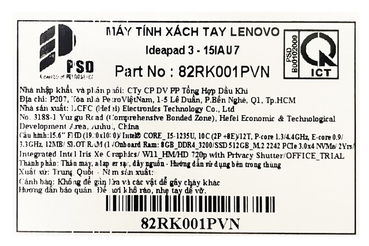 Laptop Lenovo Ideapad 3 15IAU7 i5 1235U/8GB/512GB/Win11 (82RK001PVN) Màu Xám