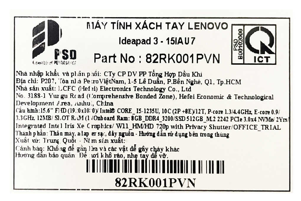 Laptop Lenovo Ideapad 3 15IAU7 i5 1235U/8GB/512GB/Win11 (82RK001PVN) Màu Xám