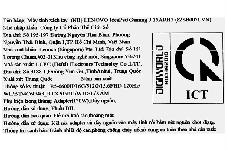 Laptop Lenovo Ideapad Gaming 3 15ARH7 R5 6600H/16GB/512GB/4GB RTX3050Ti/120Hz/Win11 (82SB007LVN) Màu Xám