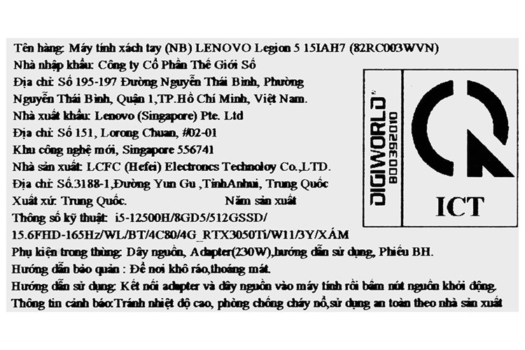 Laptop Lenovo Legion 5 15IAH7 i5 12500H/8GB/512GB/4GB RTX3050Ti/165Hz/Win11 (82RC003WVN) Màu Xám