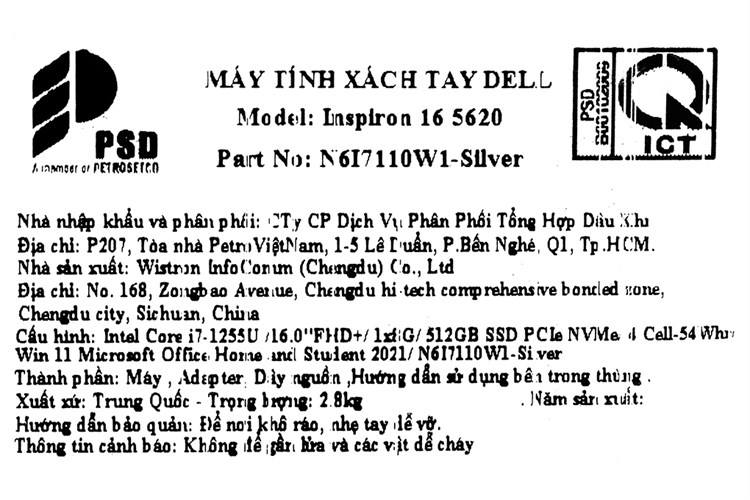 Laptop Dell Inspiron 16 5620 i7 1255U/8GB/512GB/OfficeHS/Win11 (N6I7110W1) Màu Bạc
