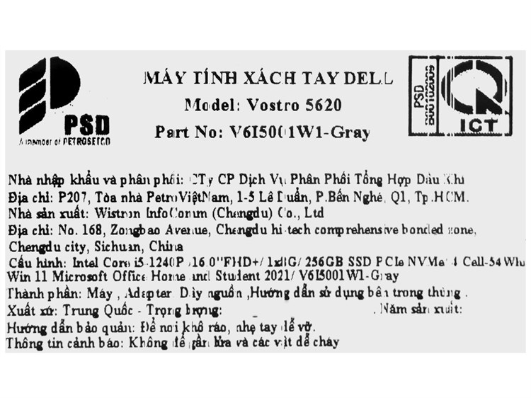 Laptop Dell Vostro 16 5620 i5 1240P/8GB/256GB/OfficeHS/Win11 (V6I5001W1) Màu Xám