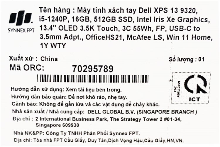 Laptop Dell XPS 13 9320 i5 1240P/16GB/512GB/Touch/Cáp/OfficeHS/Win11 (70295789) Màu Bạc