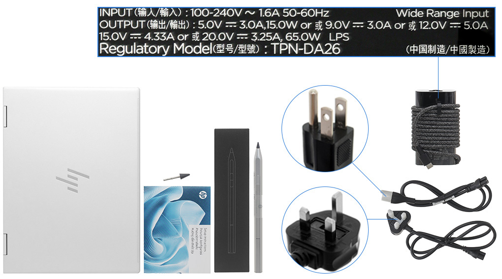 Bộ sản phẩm gồm: Thùng máy, Sạc Laptop HP, Sách hướng dẫn, Bút cảm ứng