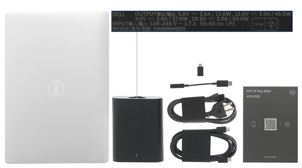 Bộ sản phẩm gồm: Thùng máy, Sạc Laptop Dell, Sách hướng dẫn, Cáp ( USB-C - USB-A 3.0 )