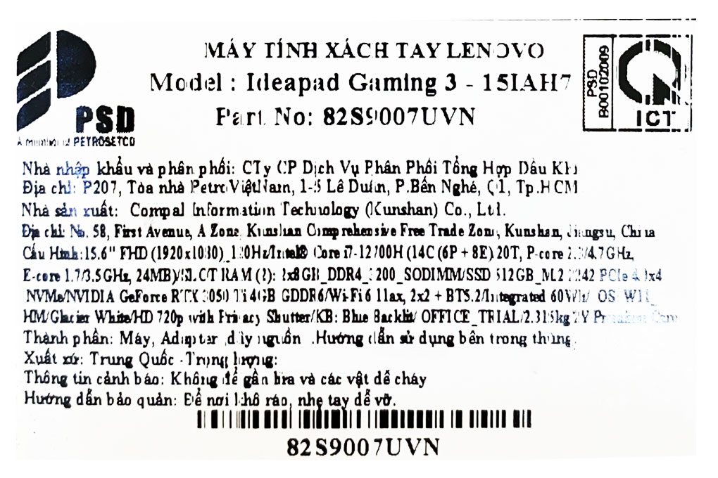 Laptop Lenovo Ideapad Gaming 3 15IAH7 i7 12700H/16GB/512GB/4GB RTX3050Ti/120Hz/Win11 (82S9007UVN) - 15