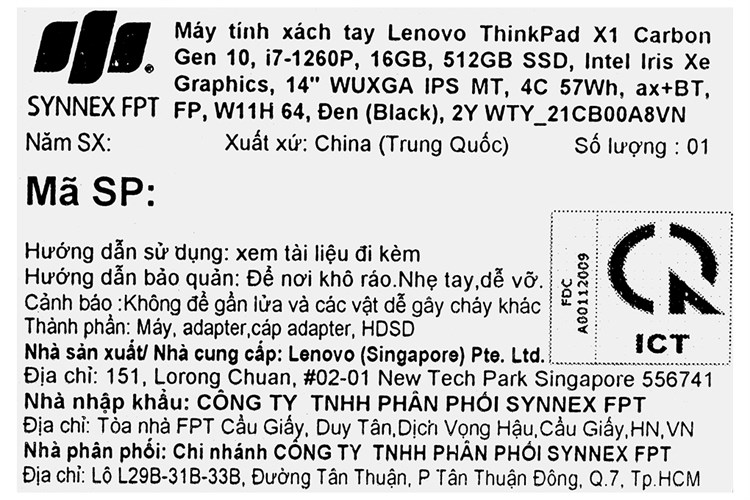 Laptop Lenovo ThinkPad X1 Carbon Gen 10 i7 1260P/16GB/512GB/Touch/Win11 (21CB00A8VN) Màu Đen