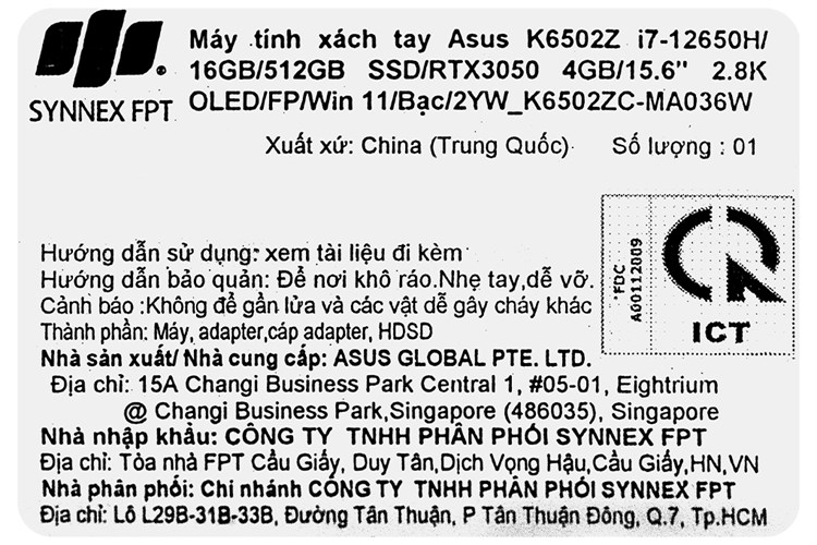 Laptop Asus Vivobook Pro 15 OLED K6502Z i7 12650H/16GB/512GB/4GB RTX3050/Win11 (MA036W) Màu Bạc