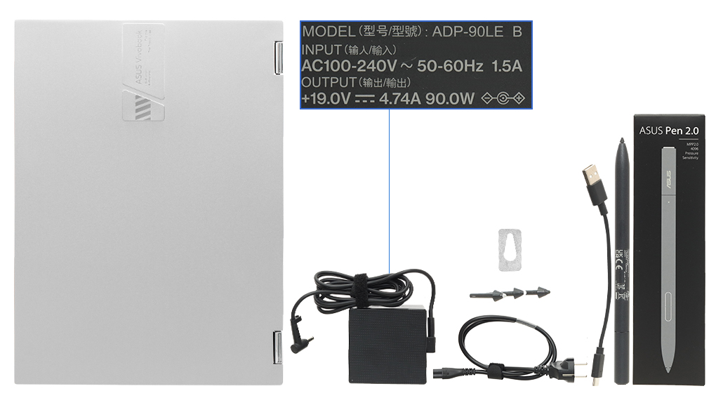 Bộ sản phẩm gồm: Sách hướng dẫn, Bút cảm ứng ( Asus Pen 2.0 ), Thùng máy, Sạc Laptop Asus, Cáp ( USB A - Type-C )