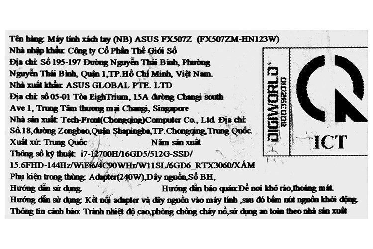 Laptop Asus TUF Gaming F15 FX507ZM i7 12700H/16GB/512GB/6GB RTX3060/144Hz/Win11 (HN123W) Màu Xám