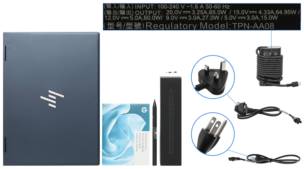 Bộ sản phẩm gồm: Thùng máy, Sạc Laptop HP, Sách hướng dẫn, Bút cảm ứng