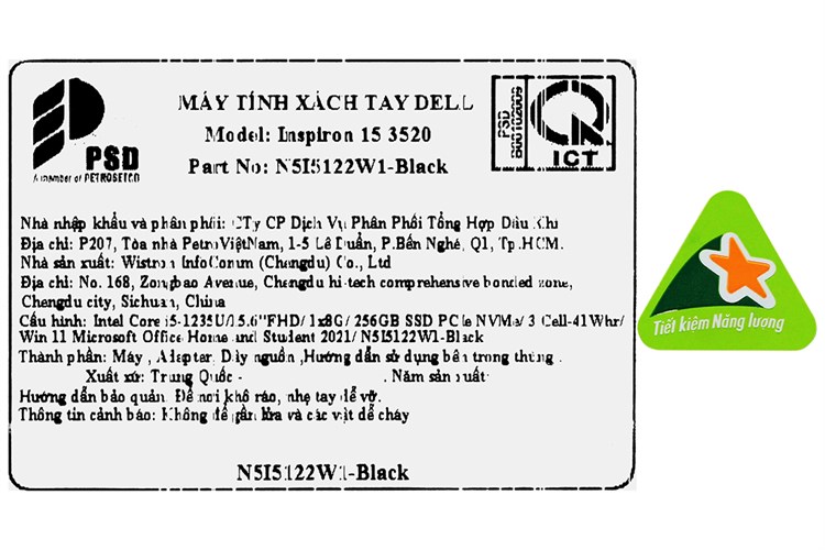 Laptop Dell Inspiron 15 3520 i5 1235U/8GB/256GB/120Hz/OfficeHS/Win11 (N5I5122W1) Màu Đen